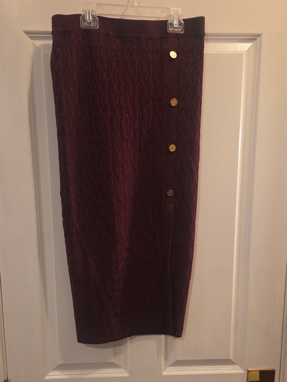 MICHAEL Michael Kors Plum Cable-Knit Pencil Skirt with Gold Buttons